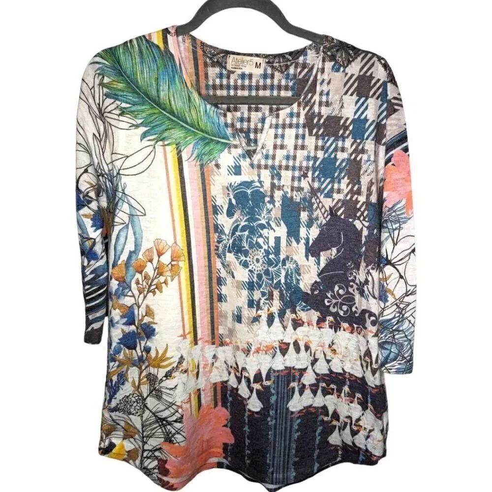 Ateliere 5 by Gozde Yilmaz Multicolored  3/4 Sleeve Blouse with Split Neck Women